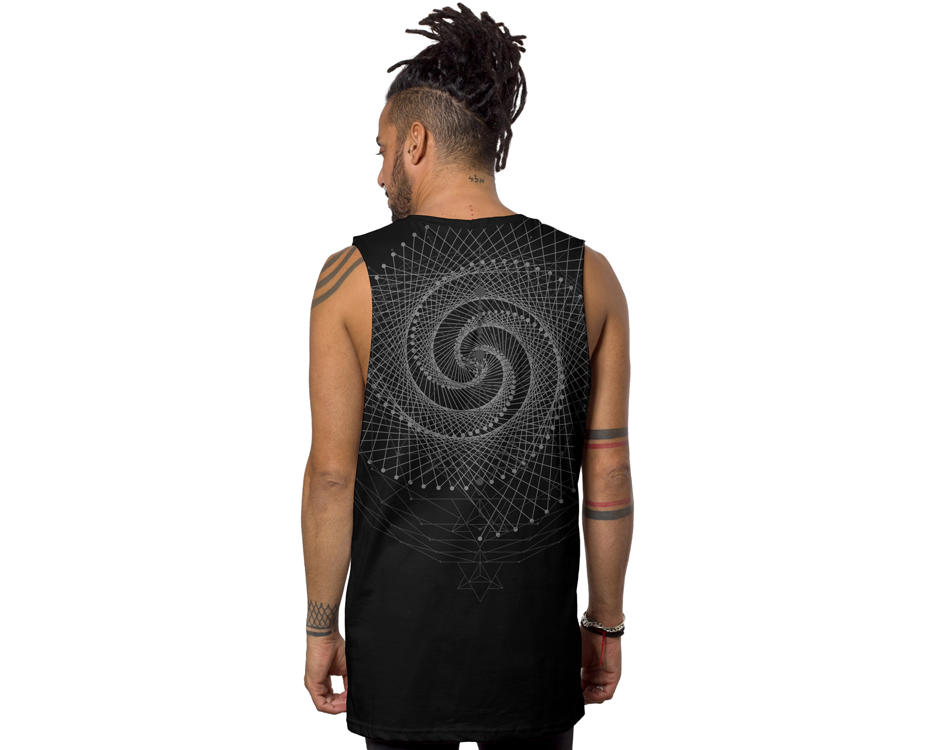 man black tank top with a geometric psychedelic print